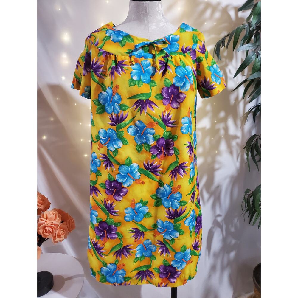 Vtg 60s 70s Pomare Hawaiian Floral Hibiscus Dress Mini Mumu Luau Tiki Aloha Rare